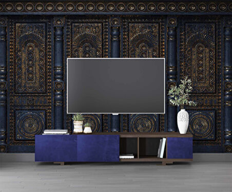 3 Boyutlu Altın Motif Lacivert Panel Duvar Kağıdı Baskı