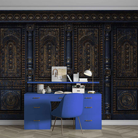 3 Boyutlu Altın Motif Lacivert Panel Duvar Kağıdı Baskı