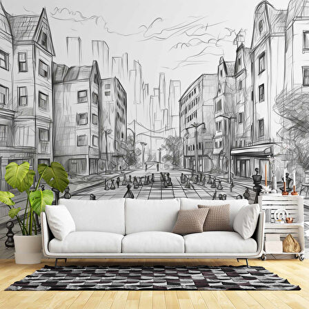 Kara Kalem Santranç ve Sokak Çizim Duvar Kağıdı Baskı