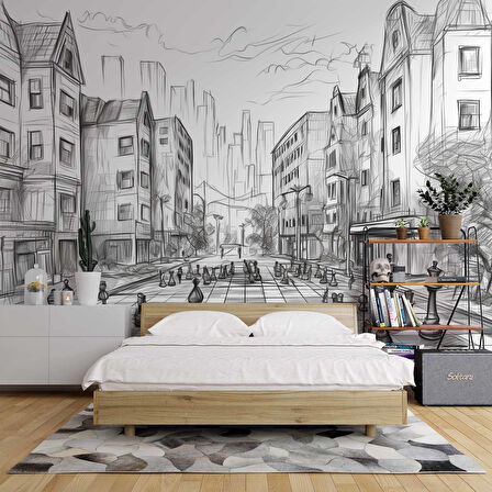 Kara Kalem Santranç ve Sokak Çizim Duvar Kağıdı Baskı