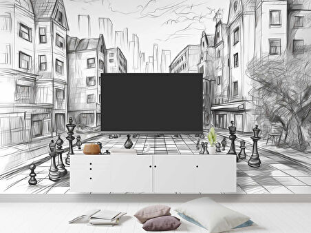 Kara Kalem Santranç ve Sokak Çizim Duvar Kağıdı Baskı