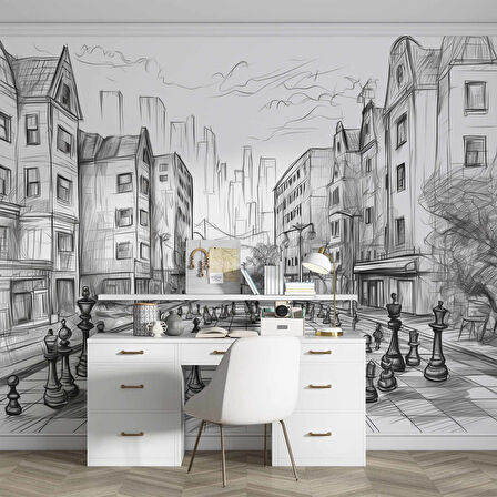 Kara Kalem Santranç ve Sokak Çizim Duvar Kağıdı Baskı