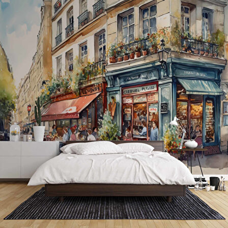 Sulu Boya Restaurant ve Sokak Manzara Çizim Duvar Kağıdı Baskı