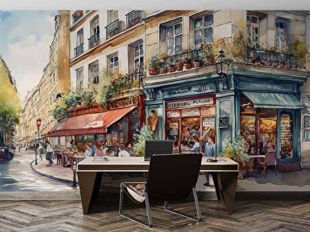 Sulu Boya Restaurant ve Sokak Manzara Çizim Duvar Kağıdı Baskı