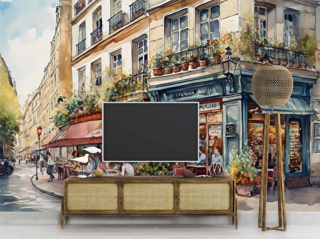 Sulu Boya Restaurant ve Sokak Manzara Çizim Duvar Kağıdı Baskı