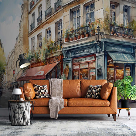 Sulu Boya Restaurant ve Sokak Manzara Çizim Duvar Kağıdı Baskı