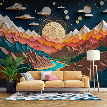 3D Kabartma Görünümlü Dağ ve Nehir Manzaralı Duvar Kağıdı Baskı