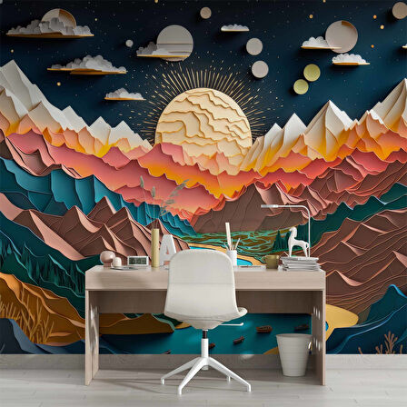 3D Kabartma Görünümlü Dağ ve Nehir Manzaralı Duvar Kağıdı Baskı