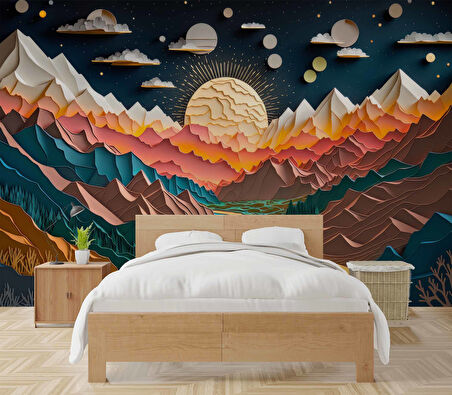 3D Kabartma Görünümlü Dağ ve Nehir Manzaralı Duvar Kağıdı Baskı