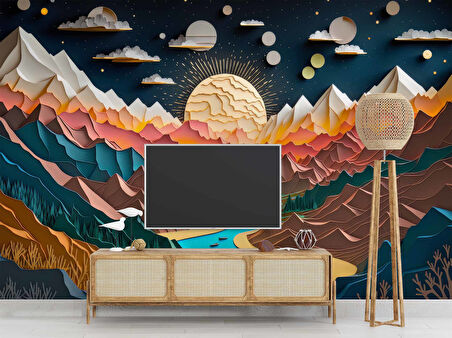 3D Kabartma Görünümlü Dağ ve Nehir Manzaralı Duvar Kağıdı Baskı