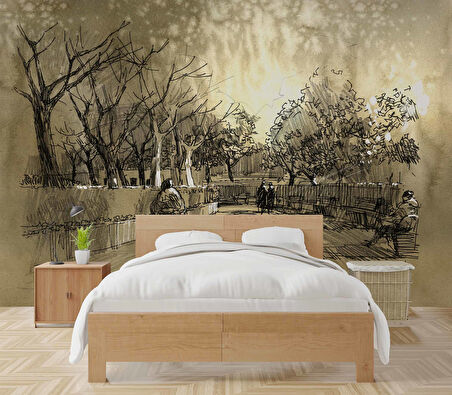 Kara Kalem Cadde Ağaç Çizim Manzaralı Duvar Kağıdı Baskı