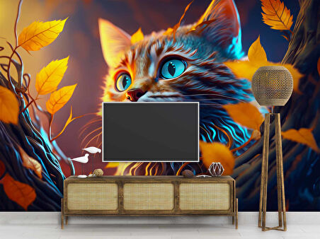 Sonbahar ve Kedi Temalı Duvar Kağıdı Baskı