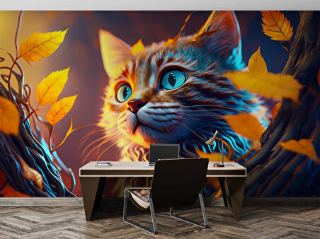 Sonbahar ve Kedi Temalı Duvar Kağıdı Baskı