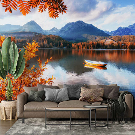 Sonbahar Göl ve Orman Manzaralı Duvar Kağıdı Baskı