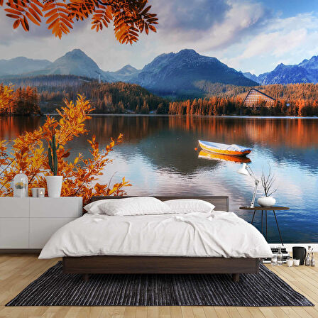 Sonbahar Göl ve Orman Manzaralı Duvar Kağıdı Baskı