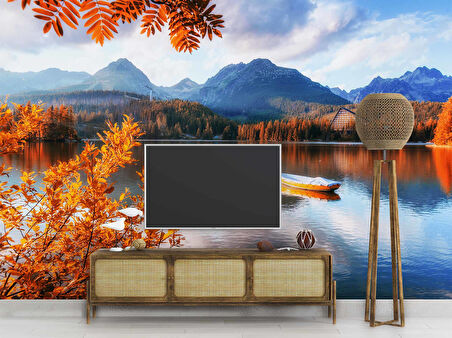 Sonbahar Göl ve Orman Manzaralı Duvar Kağıdı Baskı