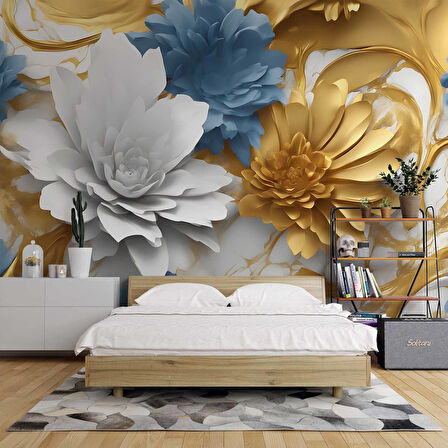 3D Beyaz, Mavi, Altın Çiçek Desenli Duvar Kağıdı Baskı