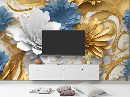 3D Beyaz, Mavi, Altın Çiçek Desenli Duvar Kağıdı Baskı