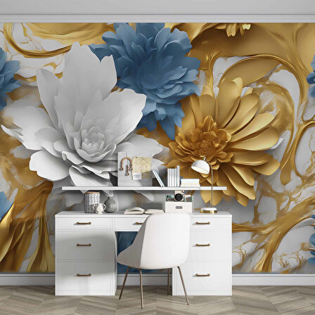 3D Beyaz, Mavi, Altın Çiçek Desenli Duvar Kağıdı Baskı