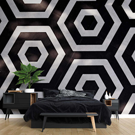 3D Siyah Beyaz Geometri Petek Temalı Duvar Kağıdı Baskı