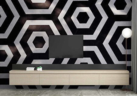 3D Siyah Beyaz Geometri Petek Temalı Duvar Kağıdı Baskı