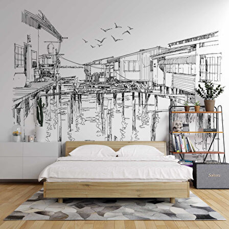 Kara Kalem Ahşap Köprü Çizimi Duvar Kağıdı Baskı