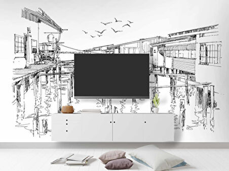 Kara Kalem Ahşap Köprü Çizimi Duvar Kağıdı Baskı