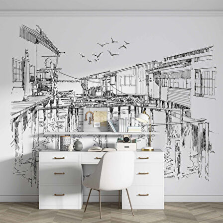 Kara Kalem Ahşap Köprü Çizimi Duvar Kağıdı Baskı