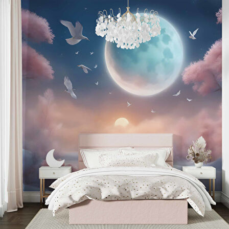 Soft Pembe Ağaç ve Gökyüzü Ay Temalı Duvar Kağıdı Baskı