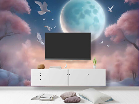Soft Pembe Ağaç ve Gökyüzü Ay Temalı Duvar Kağıdı Baskı