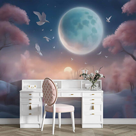 Soft Pembe Ağaç ve Gökyüzü Ay Temalı Duvar Kağıdı Baskı