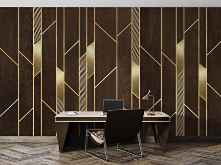 3D Ahşap Altın Panel Duvar Kağıdı Baskı