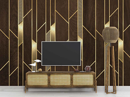 3D Ahşap Altın Panel Duvar Kağıdı Baskı