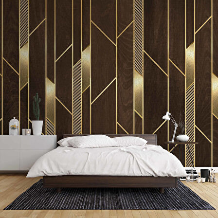 3D Ahşap Altın Panel Duvar Kağıdı Baskı