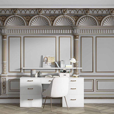 3D Saray Beyaz Panel Altın Motif Duvar Kağıdı Baskı
