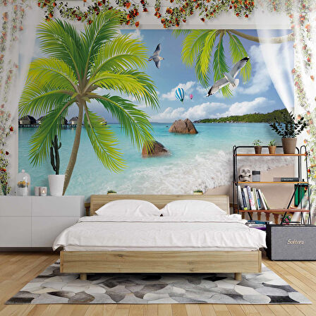 Balkon ve Perde, Göl ve Tropikal Manzara Duvar Kağıdı Baskı