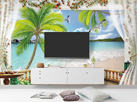 Balkon ve Perde, Göl ve Tropikal Manzara Duvar Kağıdı Baskı