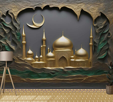 İslami Kabartma Camii Manzaralı Duvar Kağıdı
