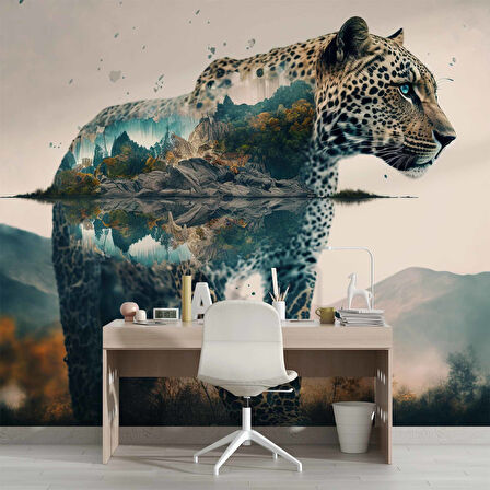 Leopar ve Dağ Manzaralı Duvar Kağıdı