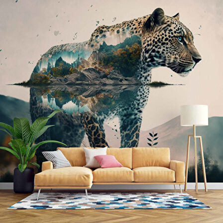 Leopar ve Dağ Manzaralı Duvar Kağıdı