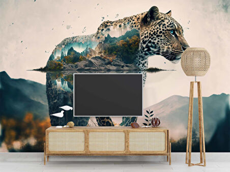Leopar ve Dağ Manzaralı Duvar Kağıdı