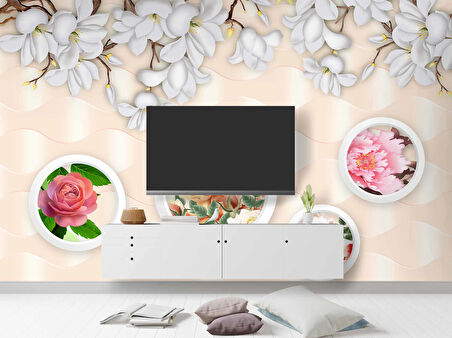 3D Halka ve Pembe Çiçek Duvar Kağıdı Baskı