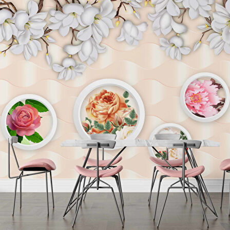 3D Halka ve Pembe Çiçek Duvar Kağıdı Baskı