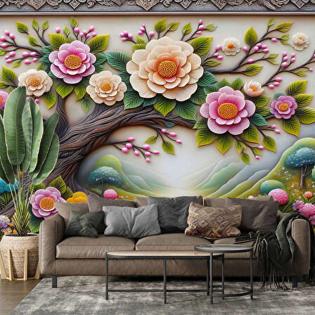 3 Boyutlu Ahşap Kabartma Ağaç ve Çiçek Dekorlu Duvar Kağıdı Baskı