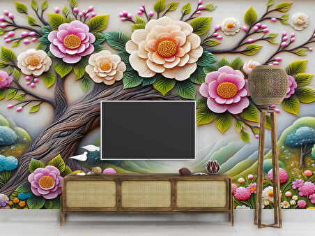 3 Boyutlu Ahşap Kabartma Ağaç ve Çiçek Dekorlu Duvar Kağıdı Baskı