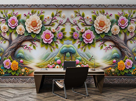 3 Boyutlu Ahşap Kabartma Ağaç ve Çiçek Dekorlu Duvar Kağıdı Baskı
