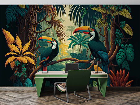Papağan ve Tropikal Orman Duvar Kağıdı Baskı