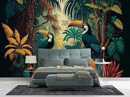 Papağan ve Tropikal Orman Duvar Kağıdı Baskı
