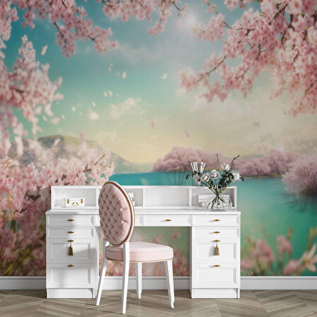 Pembe Ağaç ve Göl Duvar Kağıdı Baskı