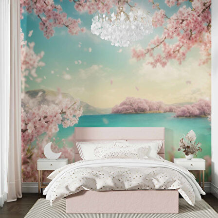 Pembe Ağaç ve Göl Duvar Kağıdı Baskı